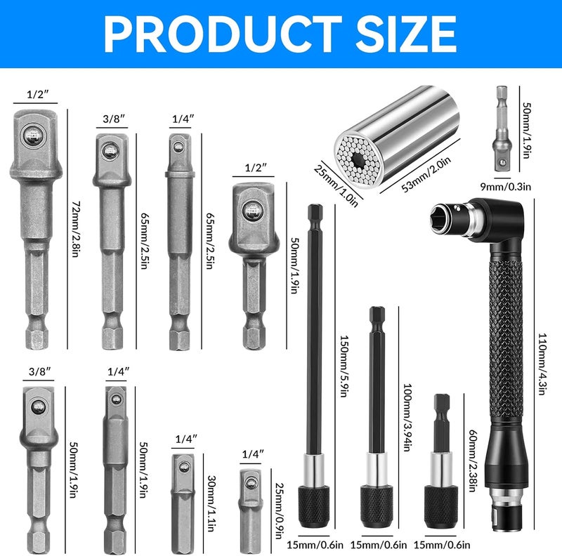 BILIPLE 31 Pcs Flexible Drill Bit Extension Set,105° Right Angle Drill Attachment, 1/2 3/8 1/4 inch Universal Hex Socket Adapter, Rotatable Socket Wrench Tools, Drill Bit Holder Screwdriver with Box(Silver) - Image 2
